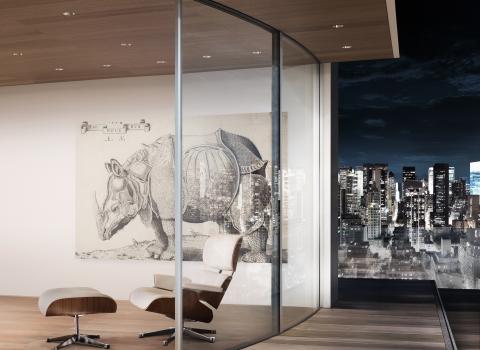 Sky-Frame Arc: Curved glass sliding doors, thermally broken with radiused glass, smooth running performance and can be motorized upon request. Available with dual-pane glazing and triple-pane glazing.